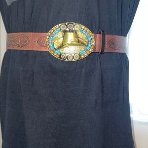 Unisex Women Or Men Brown Belt with Gold and Blue Cowboy Buckle Belts